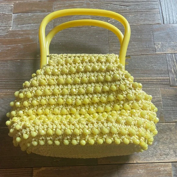 Vintage Bag by Donna Sunshine Yellow Rafia Crochet Handbag with Lucite Handle🖤 - Picture 6 of 12